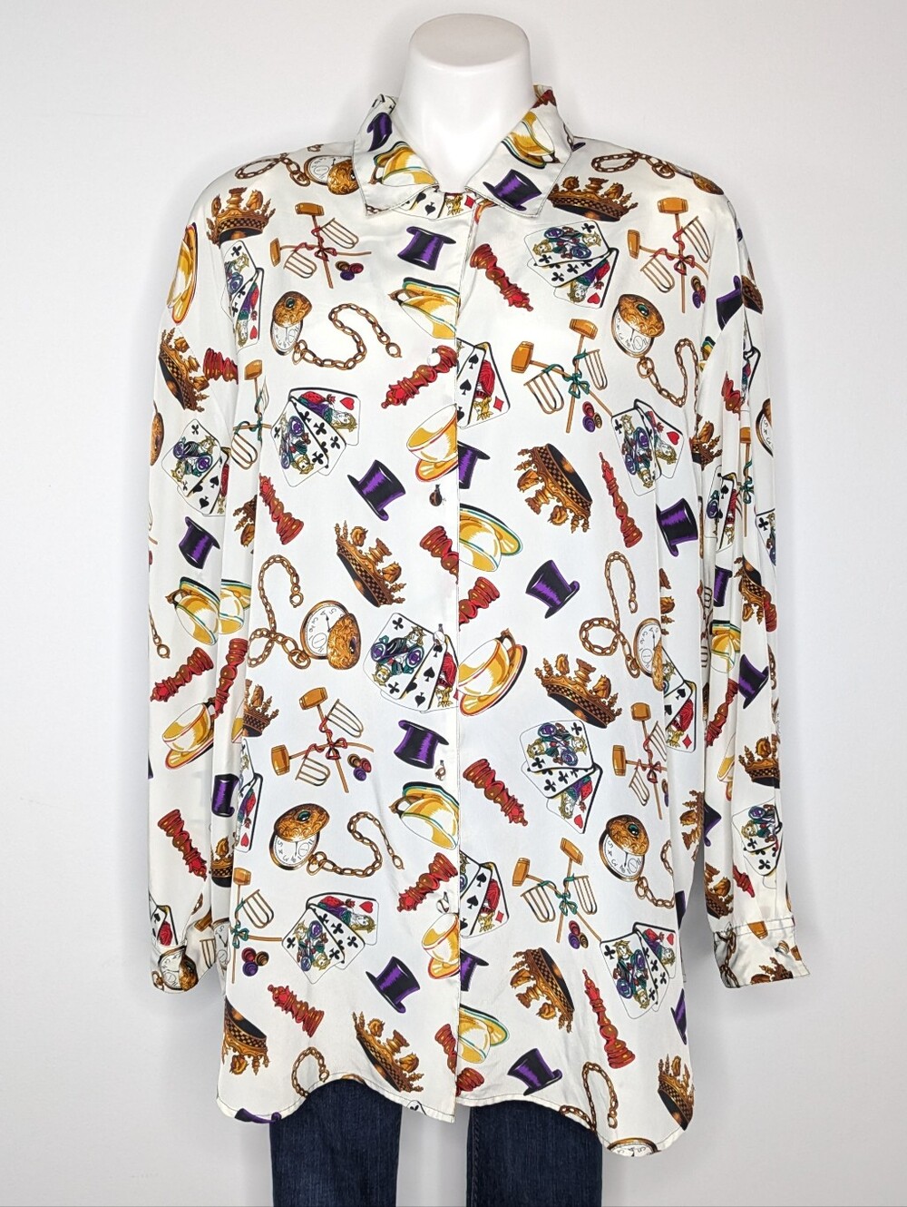 Vintage White Yellow Blue Red Novelty Poker Chess Crown Button Up Blouse 22W